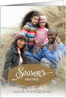Season’s Greetings from all glitter snowflakes custom name photo card