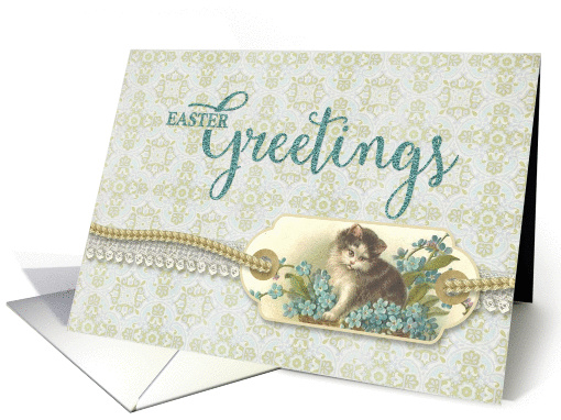 Easter Greetings Vintage Kitty tag with damask background card