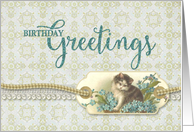 Birthday Greetings Vintage Kitty tag with damask background card