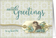 Secret Pal Birthday Greetings Vintage Kitty tag with damask background card