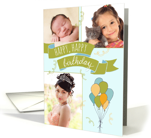 Happy Birthday Banner Balloons & Confetti custom 3 photos card