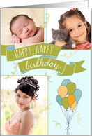 Happy Birthday Banner Balloons & Confetti custom 3 photos card