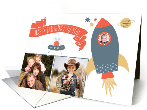 Birthday spaceship stars planet & alien - custom 3 photos card