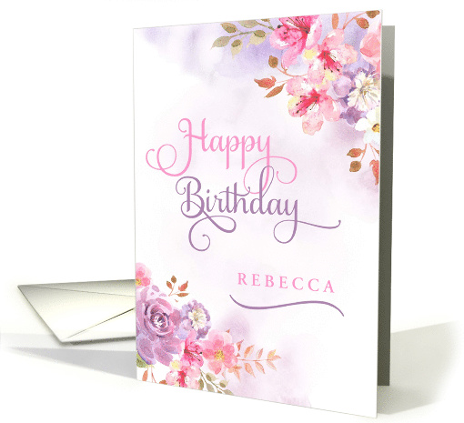 Personalized Happy Birthday pink and purple watercolor flowers card