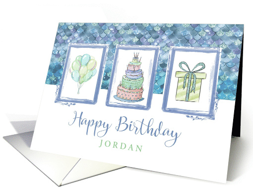 Happy Birthday Custom Name Blue Balloons Cake and Gift card (1641184)