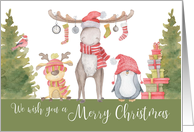 Merry Christmas Watercolor Animals with Hats & Scarves Gifts Trees card