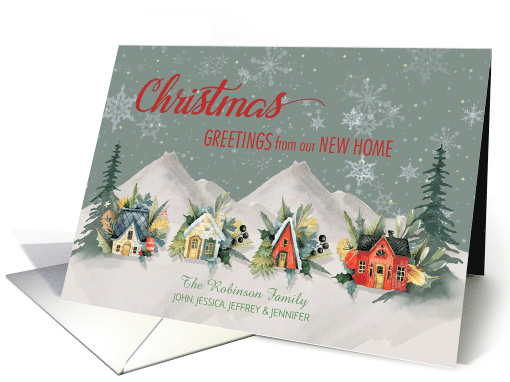 Christmas New Home Watercolor Village Mountain Houses Custom Name card