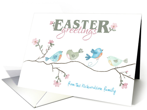 Easter Greetings Watercolor Birds on Limb Custom Family Name card