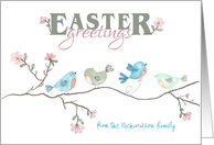 Easter Greetings Watercolor Birds on Limb Custom Family Name card