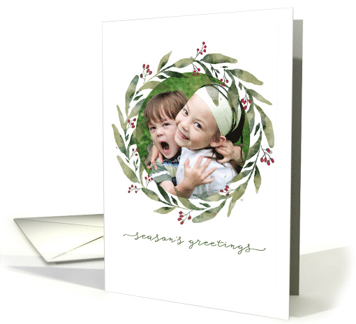 Seasons Greetings Simple Hand Drawn Watercolor Wreath with Photo card