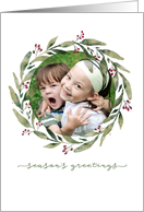 Seasons Greetings Simple Hand Drawn Watercolor Wreath with Photo card