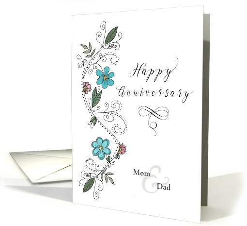 Happy Anniversary to Mom and Dad Hand Drawn Flower Swirl card