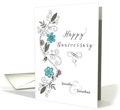 Happy Anniversary to Custom Names Hand Drawn Flower Swirl card