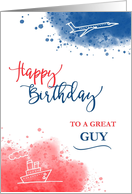 Birthday to a Great Guy Modern Watercolor Airplane Ship card