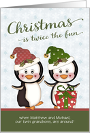 Christmas to Twins Custom Name Penguins Snowy Background card