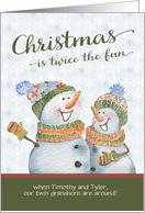 Christmas to Twins Custom Name Snowmen Snowy Background card