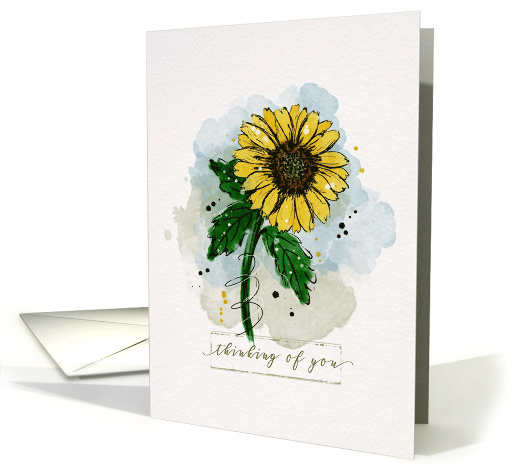 Thinking of You Watercolor Sketchy Doodle Yellow Sunflower Flower card 