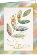 Hello Friend Watercolor Glitter Leaves card