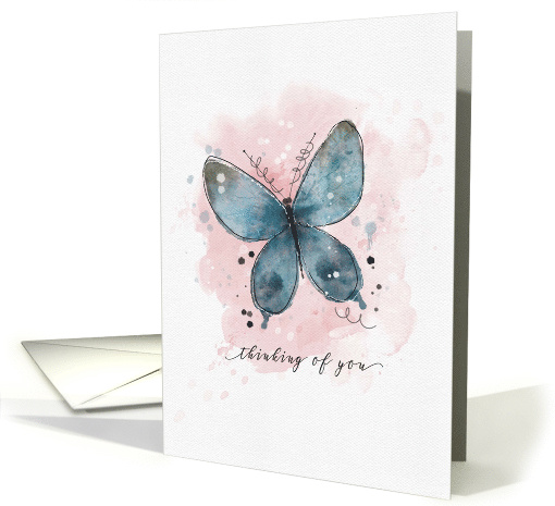 Thinking of You Watercolor Sketchy Doodle Blue Butterfly card