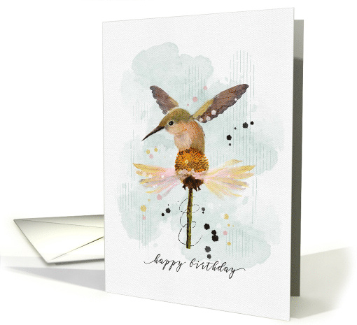 Happy Birthday Watercolor Sketchy Doodle Hummingbird on Flower card