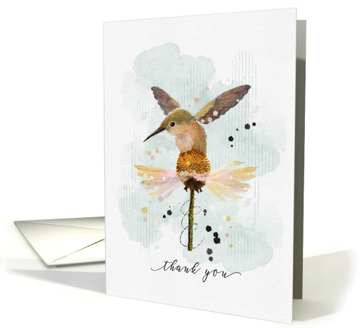 Thank You Watercolor Sketchy Doodle Hummingbird on Flower card