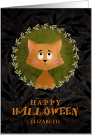 Happy Halloween Custom Name Cute Cat in Wreath card