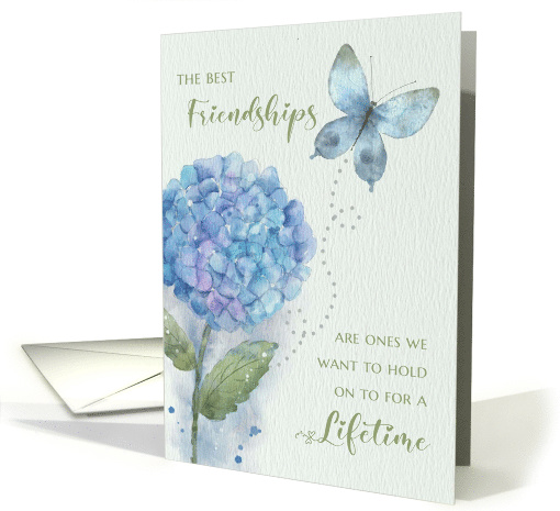 Birthday Friendship Watercolor Blue Hydrangea and Butterfly card