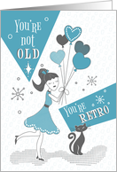 Retro Birthday Girl with Heart Balloons and Black Cat card