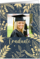 Graduate Gold Leaves on Navy Custom Photo Party Invitation card