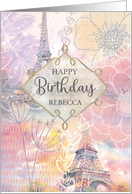 Birthday Custom Name Floral Eiffel Tower Watercolor Collage card