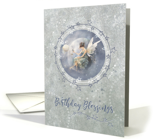 Birthday Blessings Fairy in the Moon with Subtle Green Background card