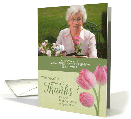 Sympathy Heartfelt Thanks Pink Tulips Custom Photo and Name card