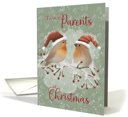 To Our Parents at Christmas Birds with Santa Hats on Snowy Limb card