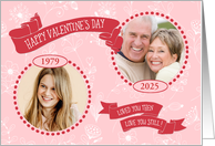 Then & Now Valentine Pink Doodles Custom Photo and Date card