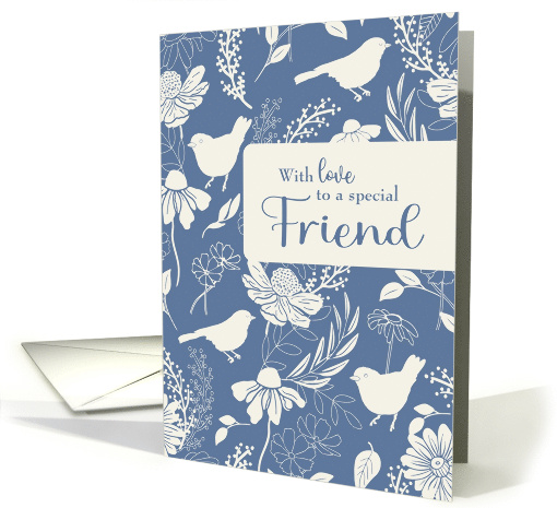 Friend Birthday Blue and Cream Birds and Blossoms Pattern card