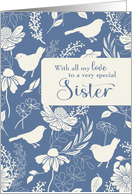 Sister Birthday Blue and Cream Birds and Blossoms Pattern card