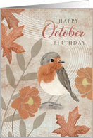 October Birthday Leaves Flowers and Robin Bird card