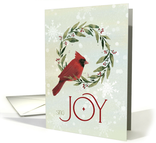 Christmas Cardinal in Festive Wreath with Sing Joy Message card