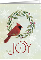 Christmas Cardinal in Festive Wreath with Sing Joy Message card