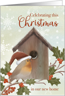 Christmas in New Home Bird with Santa Hat and Birdhouse card