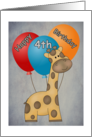 Happy 4th Birthday Giraffe and Balloons Card