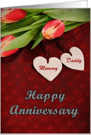 Happy Anniversary Mummy and Daddy, hearts and flowers card