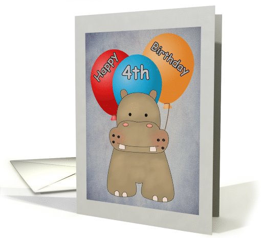 Happy 4th Birthday Hippo and Balloons card (1069677)