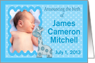 Custom Baby Boy Birth Announcment Photo Card - Giraffe & Polka Dots card