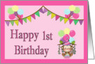 Pink 1st Birthday - Balloons, Monkey, Pennants card