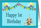 Aqua 1st Birthday - Balloons, Monkey, Pennants card