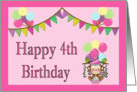 Happy 4th Birthday - Monkey, Balloons, Pennants card