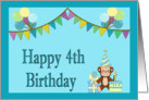 Happy 4th Birthday - Monkey, Balloons, Pennants card