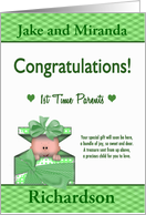 Custom 1st Time Parents Congratulations - Baby in a Box, Green accents card