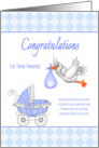 Congratulations 1st Time Parents - Stork with Baby, Baby Carriage card